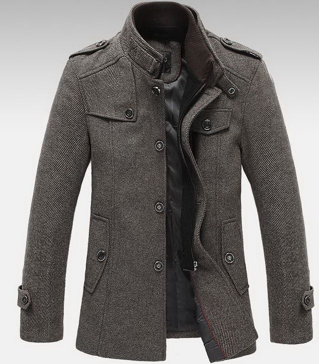 Mens Standing Collar Coats Wool Jackets Warm Fleece Outerwear Gray