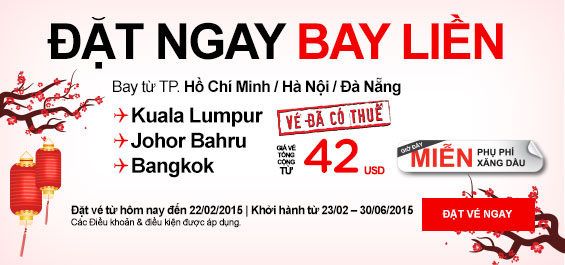 Air Asia giá rẻ đi Kualalumpur, Bangkok, Johor Bahru 42 USD