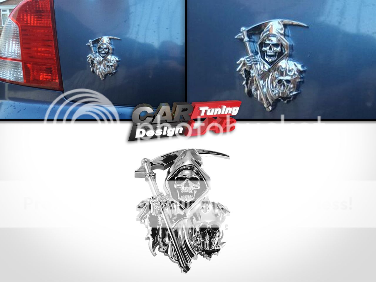 3D Chrom Totenkopf Grim Reaper Sensenmann Auto Emblem Aufkleber Decal 3M  Sticker